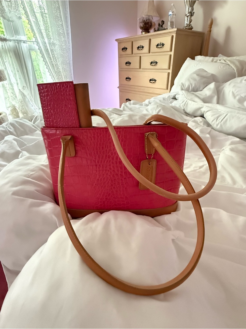 Stone Mountain Accessories Hot Pink Croc-Embossed Tote with Tan Trim